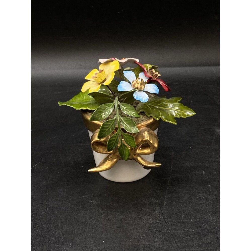Ted Arnold Brass & Enamel Flower Bouquet Blue Pink Yellow White Porcelain Vase